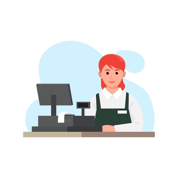 Vector woman worker with cashier desk, flat vector illustration