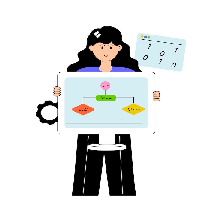 Vector woman working on algorithms to solve complex computational problems