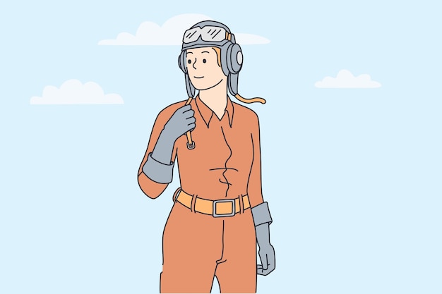 ベクトル パイロットコンセプトとして働く女性。ヘルメットと保護服を着た若い笑顔の女性は、自由と自信のベクトル図を感じて目をそらして立っています。