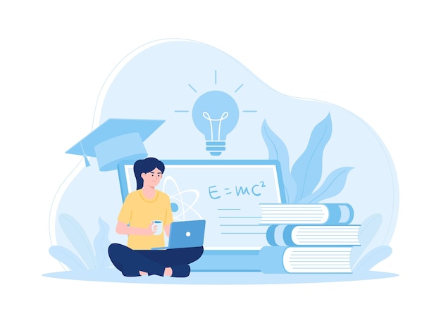 Vector a woman working on an assignment in front of a laptop concept flat illustration