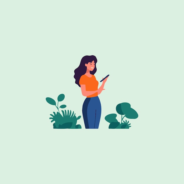 woman working on cell phone among plants