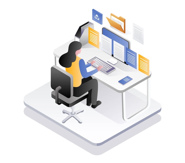 Женщина, работающая за компьютерным столом с большим количеством информационных данных