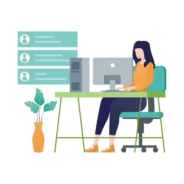 Woman working on computer at home office Flat style vector illustration