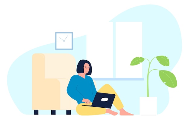 Woman working in cozy home interior Remote worker Vector illustration