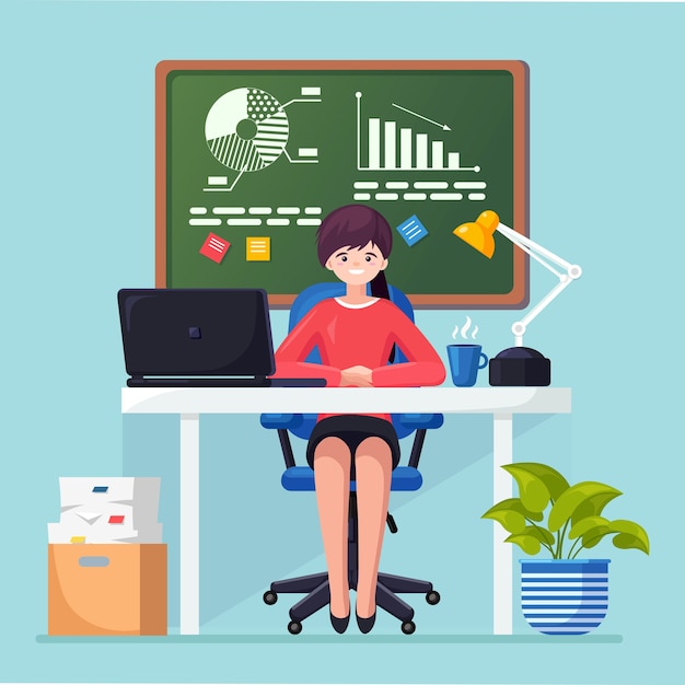 Vector woman working at desk in office illustration