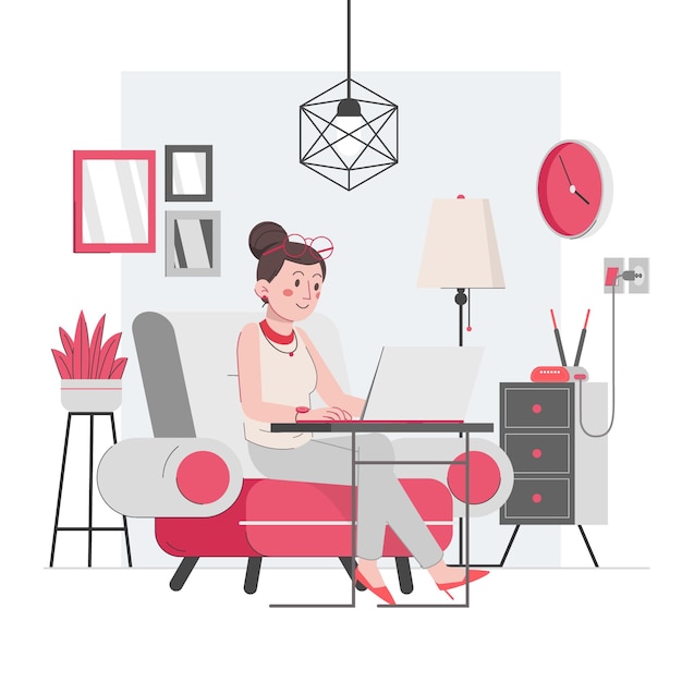 Woman working from home on big living room chair