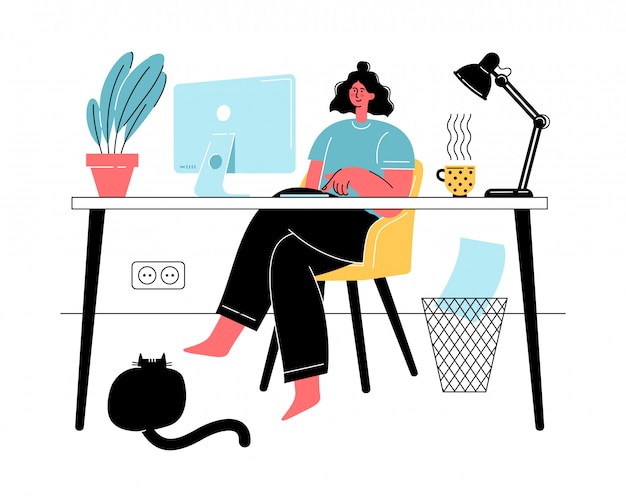 ベクトル 猫との検疫中に自宅で働く女性。社会的距離と自己分離。フリーランス、オンライン教育、ソーシャルメディアのコンセプト。
