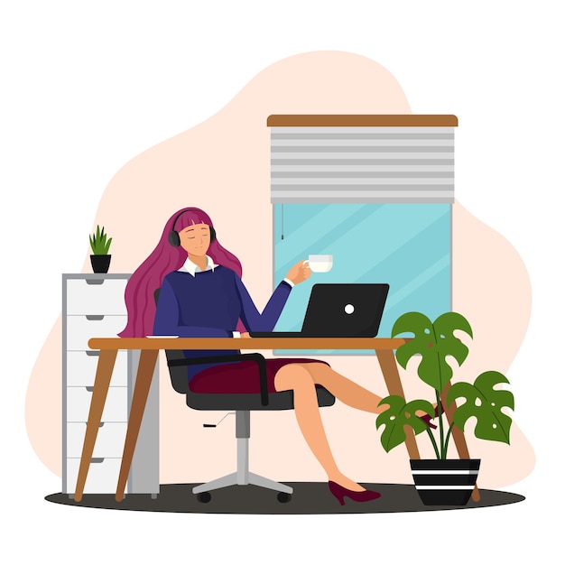 Woman working from home with laptop and coffee