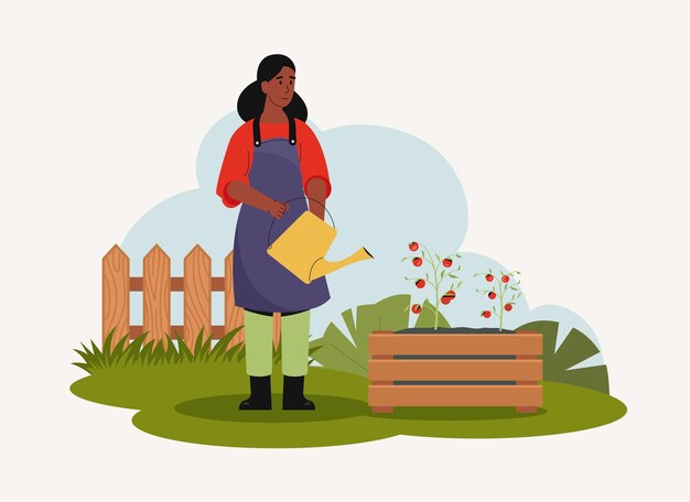 Woman working at garden watering and gardening Vector of woman at garden outdoor farmer growing illustration