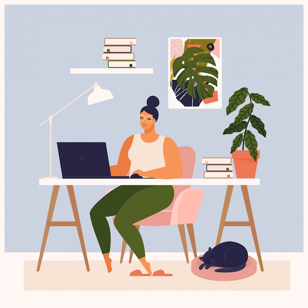 Woman working at her desk at home. She has a lot of work. Woman working with laptop at her work desk and testing ui and ux. illustration of student studying at home.