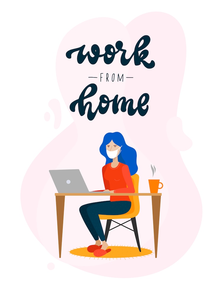 Vector woman working at home in mask