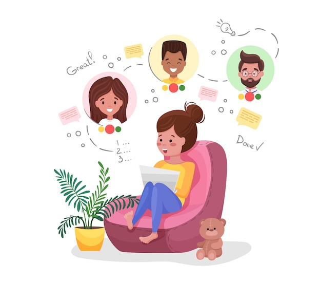 Woman working at home office. cute character sitting on pouf at room, online video conference