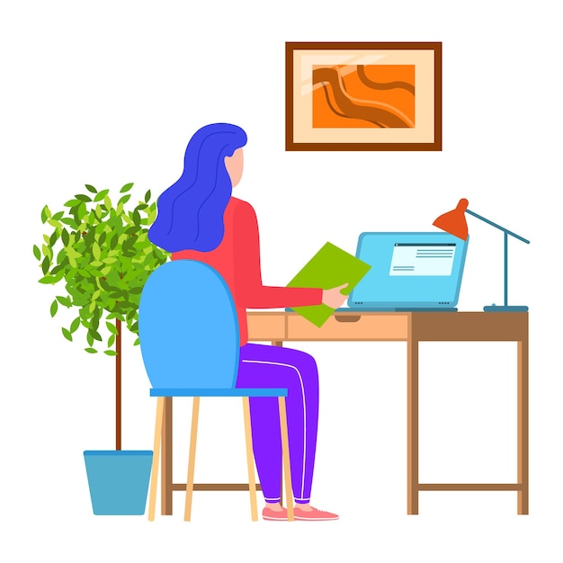 Woman working at home office desk with laptop and documents female freelancer in casual clothes