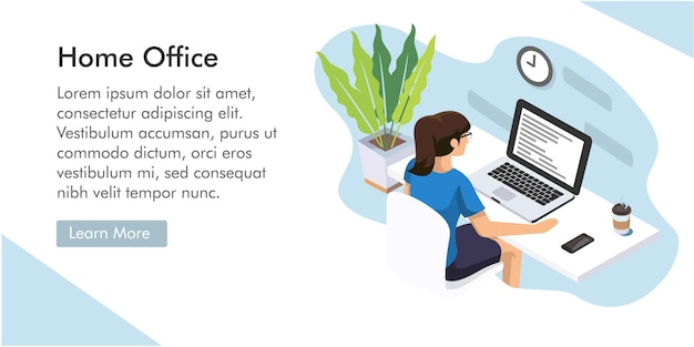 Woman Working at Home Office Illustration Character Sitting at Desk Looking at Computer Screen