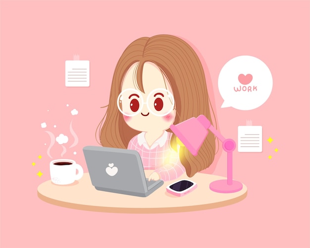 Vector woman working at home, working on laptop cartoon art illustration