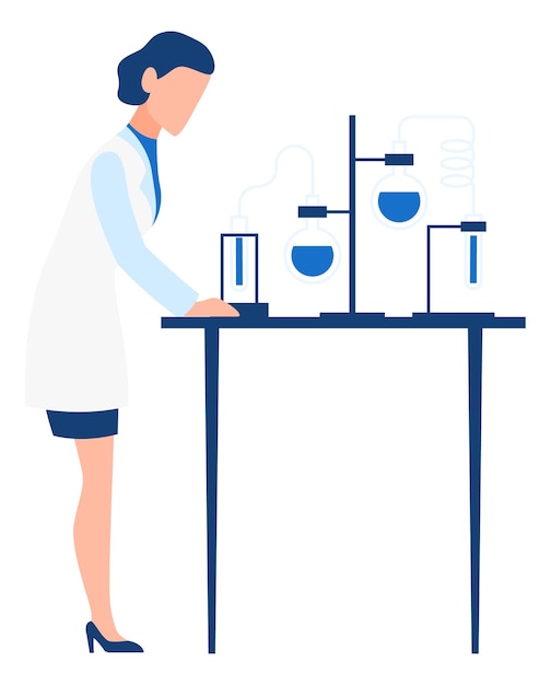 Вектор Женщина, работающая в химической лаборатории, медицинский анализ