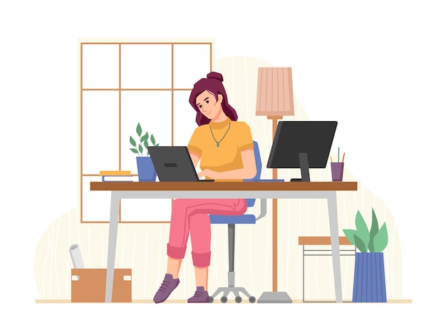 Vector woman working at job in home office workplace