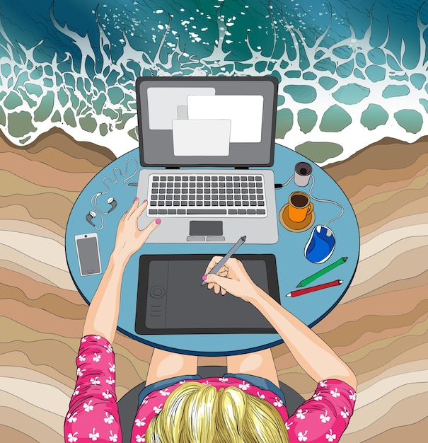 Woman working at the laptop at beach remote work