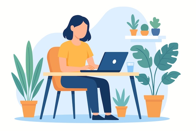 Woman working on laptop at desk in a home office with plants