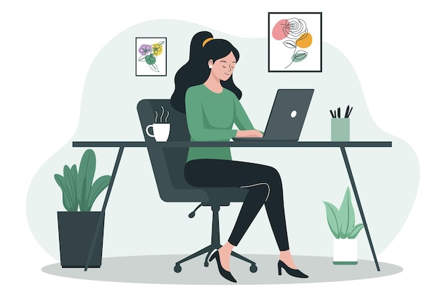 Woman working on laptop at desk in office
