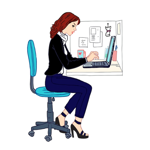 Woman working on a laptop at the desk Remote employee working at home office