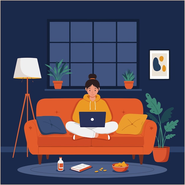 Woman Working on Laptop at Home Cozy Evening