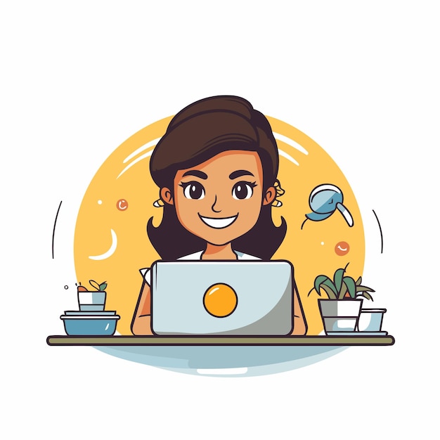 Vector woman working on laptop at home vector illustration in cartoon style