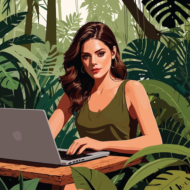 Vector woman working on laptop in the middle of the jungle indicating remote work in unusual places vecto