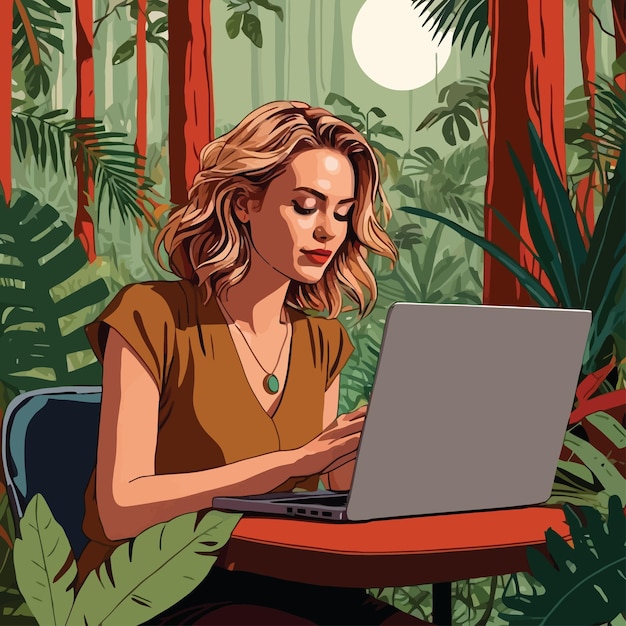 Donna che lavora al portatile in mezzo alla giungla indicando il lavoro a distanza in luoghi insoliti