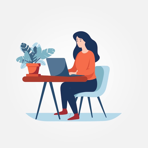 Vector woman working on laptop in office vector illustration