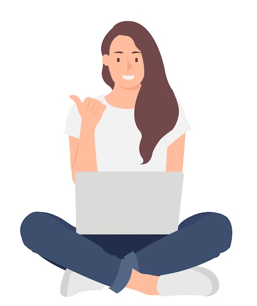 Vector woman working on laptop while sitting on the floor with crossed legs