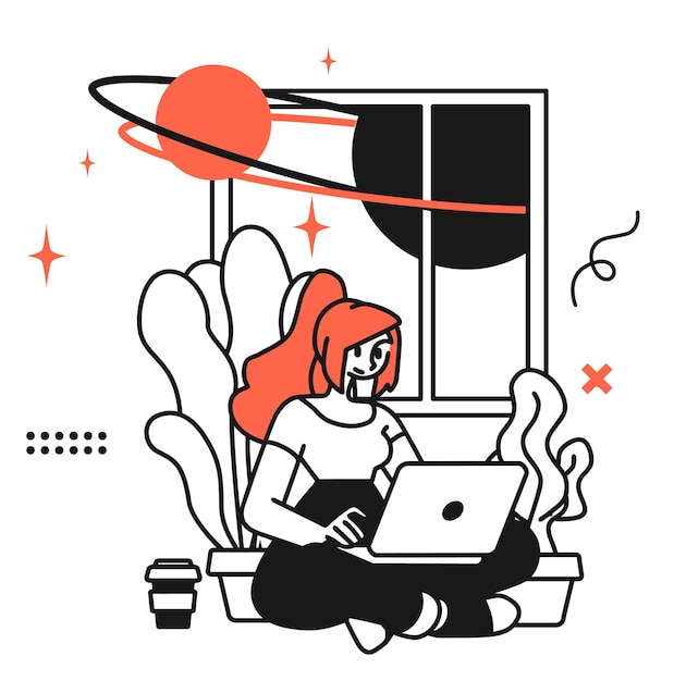 우주 시야 를 가진 노트북 을 사용 하는 여자