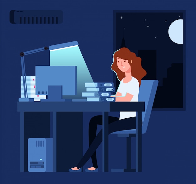 Женщина работает ночью. Несчастная подчеркнутая женщина поздно усердно работает в офисе с документами и компьютерной концепцией вектора