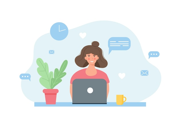 Woman working online on her laptop Freelance concept Vector illustration