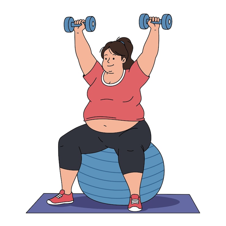 Вектор woman working out with dumbbells on a stability ball