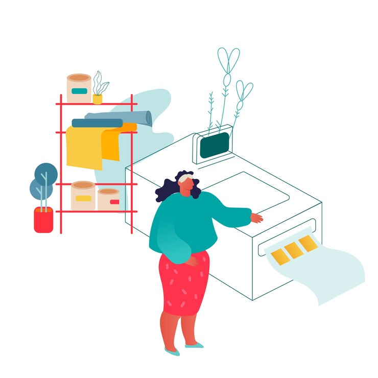 Vector woman working in printing house or advertising agency standing near polygraphy equipment.