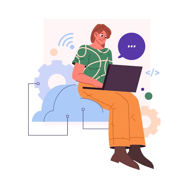 Vector woman working remotely using cloud system app