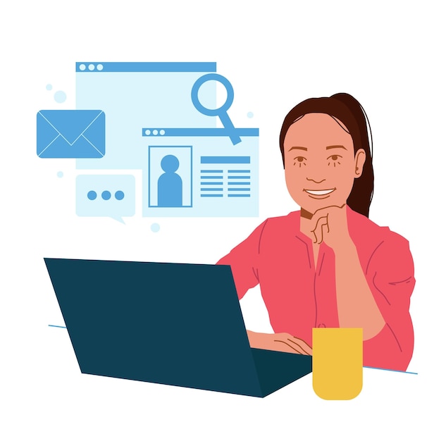 Woman working searching employee cv in flat illustration