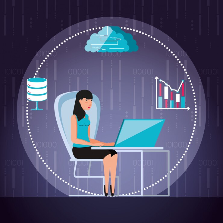 Vector woman working and set icons business