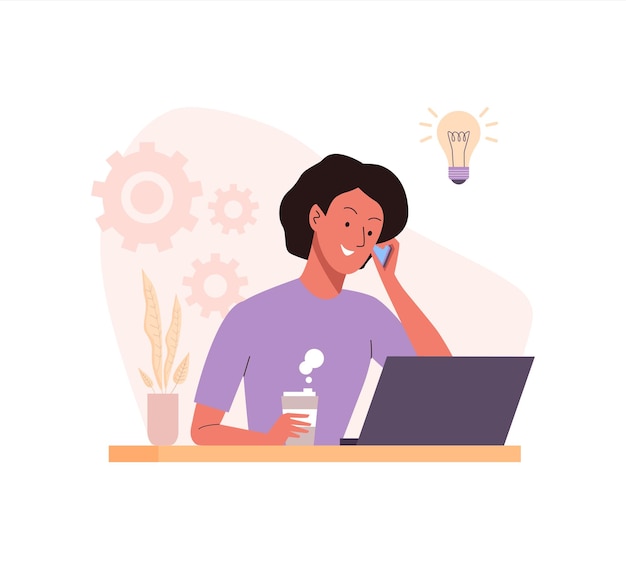 woman working at the table with laptop talking on the phone bright creative idea concept during coffee break home workplace for education remote work teleworking vector illustration in flat style