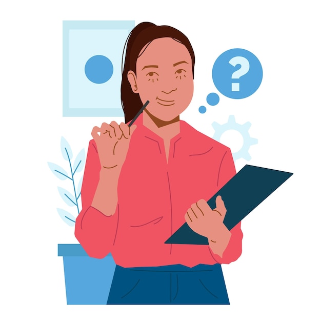 Woman working thinking in office in flat illustration