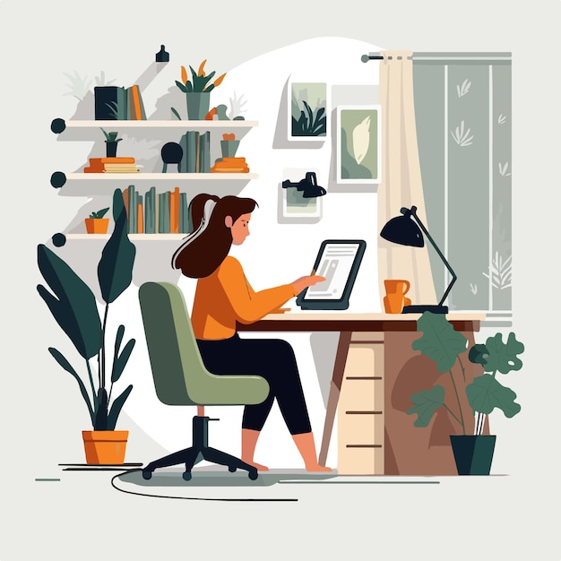 A woman working using computer flat design vector illustration