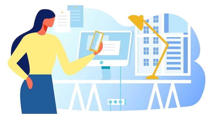 Vector woman working with gadgets in office flat cartoon