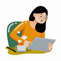 Vector woman working with graphic tablet in flat design style