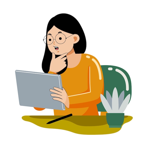 Vector woman working with graphic tablet in flat design style