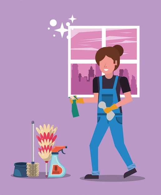 Vector woman working with housekeeping tools disinfect your house