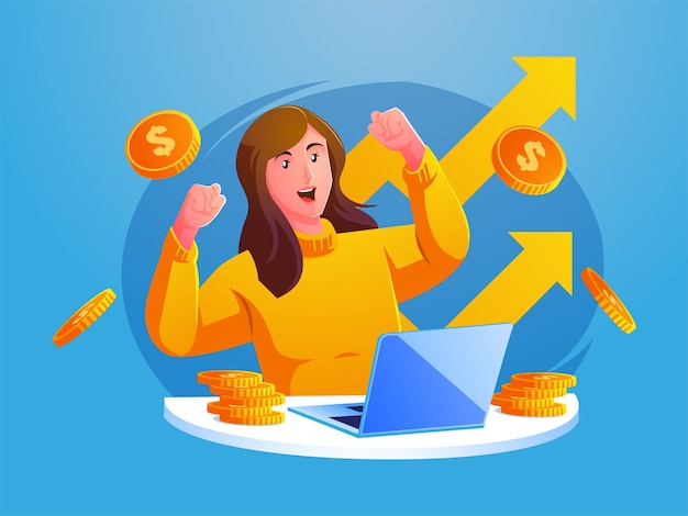 Vector woman working with laptop earning abundant money