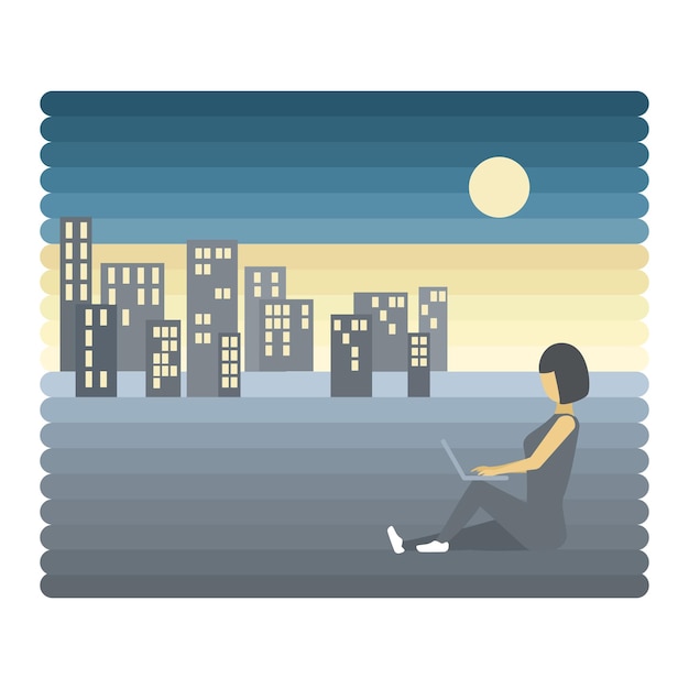 Vector woman working with a laptop at night vector illustration