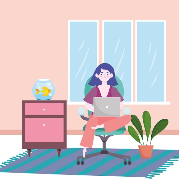 Vector woman working with laptop sitting on office chair at home home office  illustration