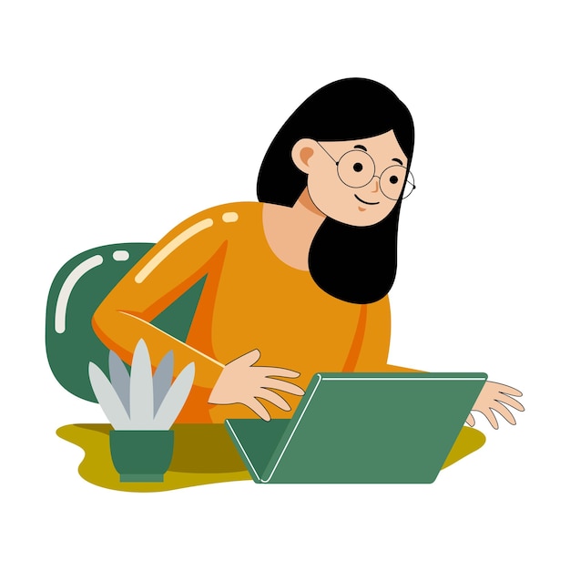 Vector woman working with laptop